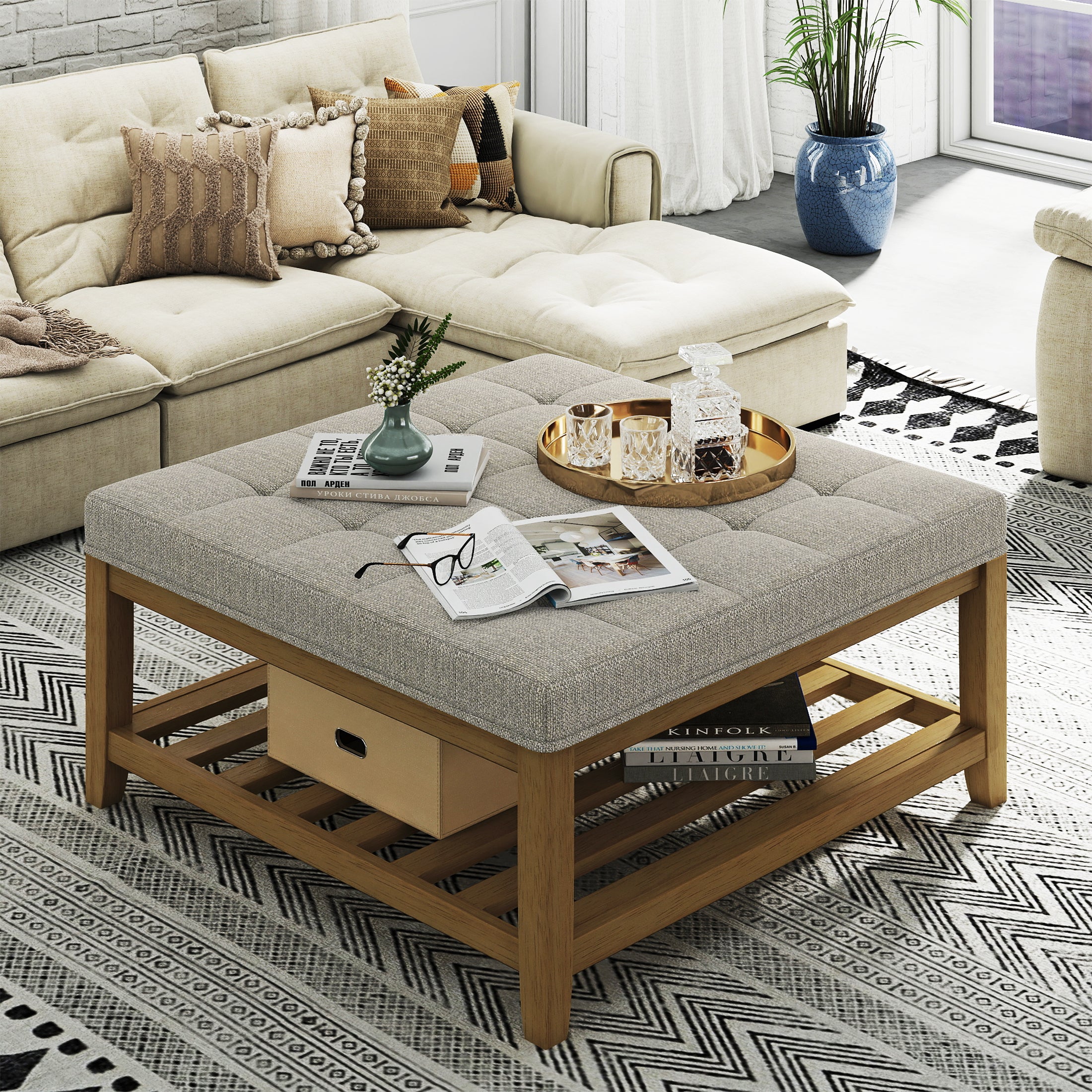 Square Upholstered Ottoman Coffee Table with Storage Shelf, Linen Fabric, Tufted Top, 33.5"x33.5"