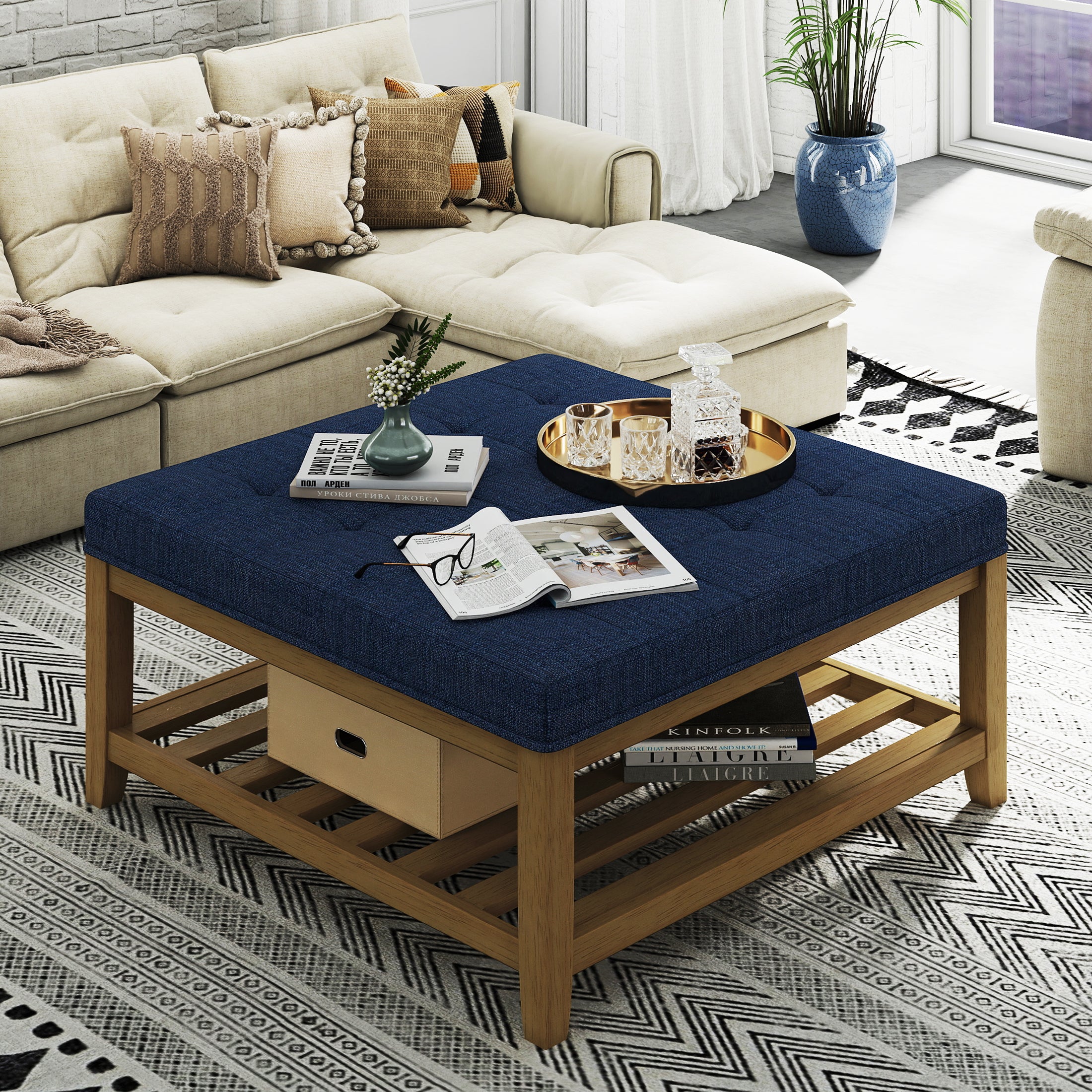 Square Upholstered Ottoman Coffee Table with Storage Shelf, Linen Fabric, Tufted Top, 33.5"x33.5"