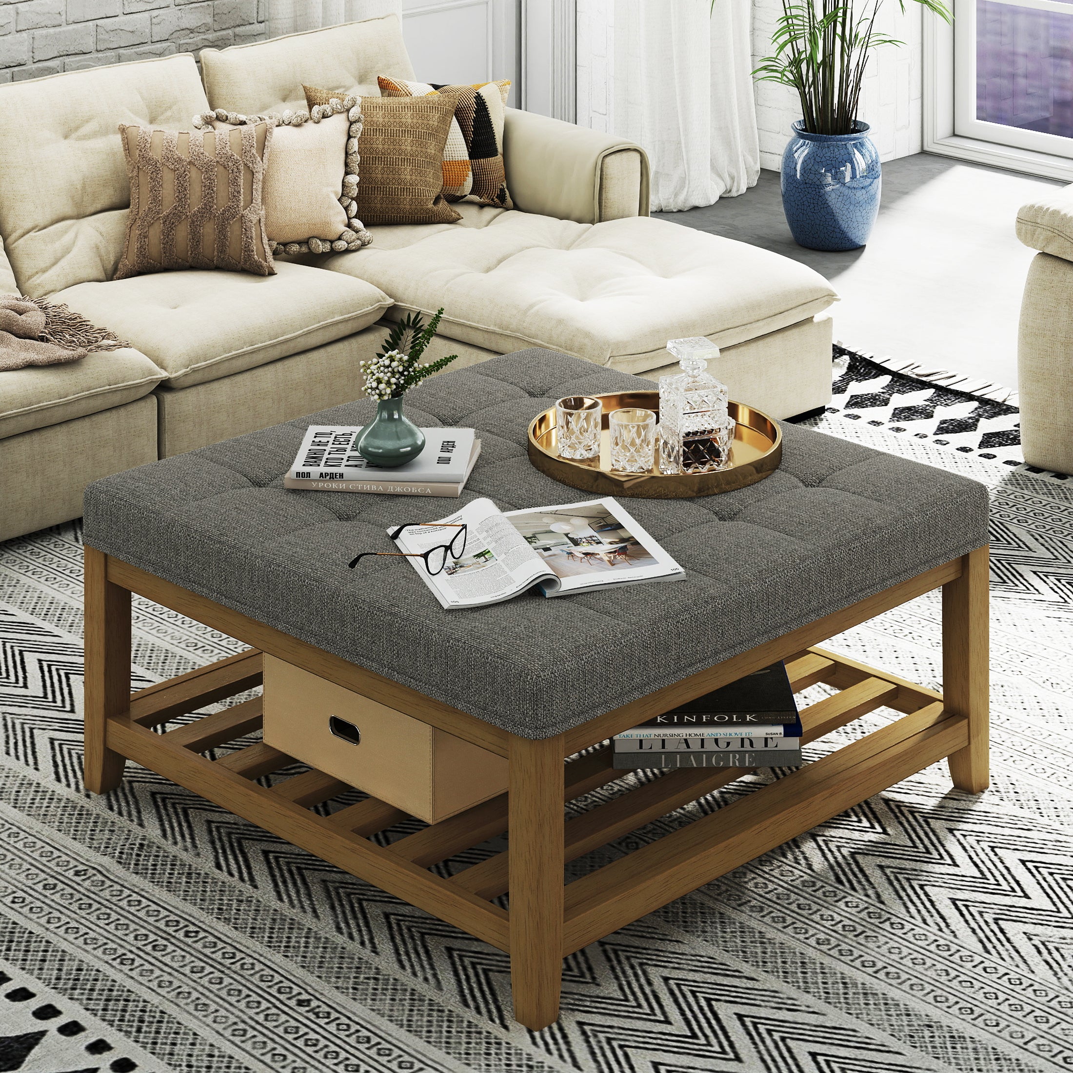 Square Upholstered Ottoman Coffee Table with Storage Shelf, Linen Fabric, Tufted Top, 33.5"x33.5"