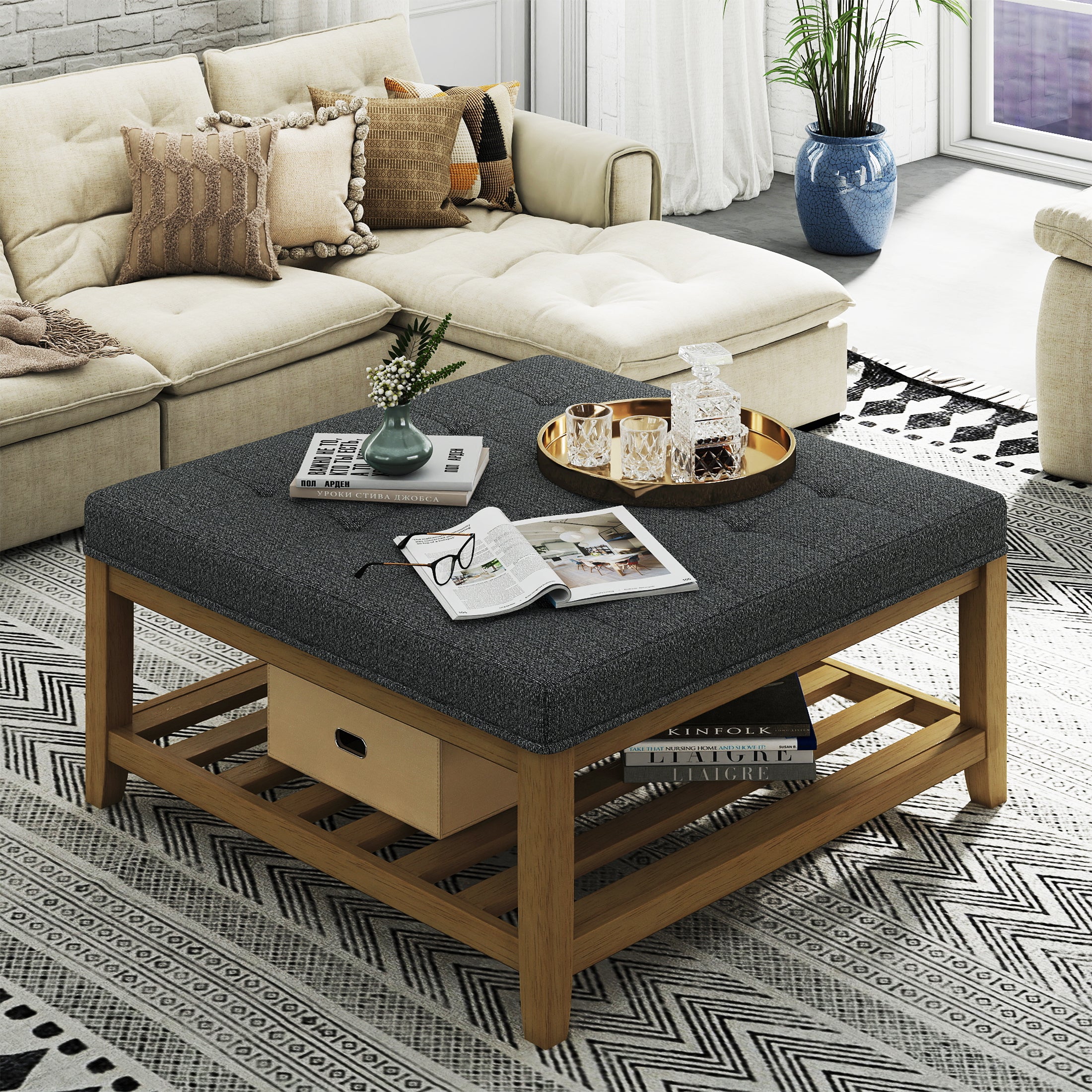 Square Upholstered Ottoman Coffee Table with Storage Shelf, Linen Fabric, Tufted Top, 33.5"x33.5"