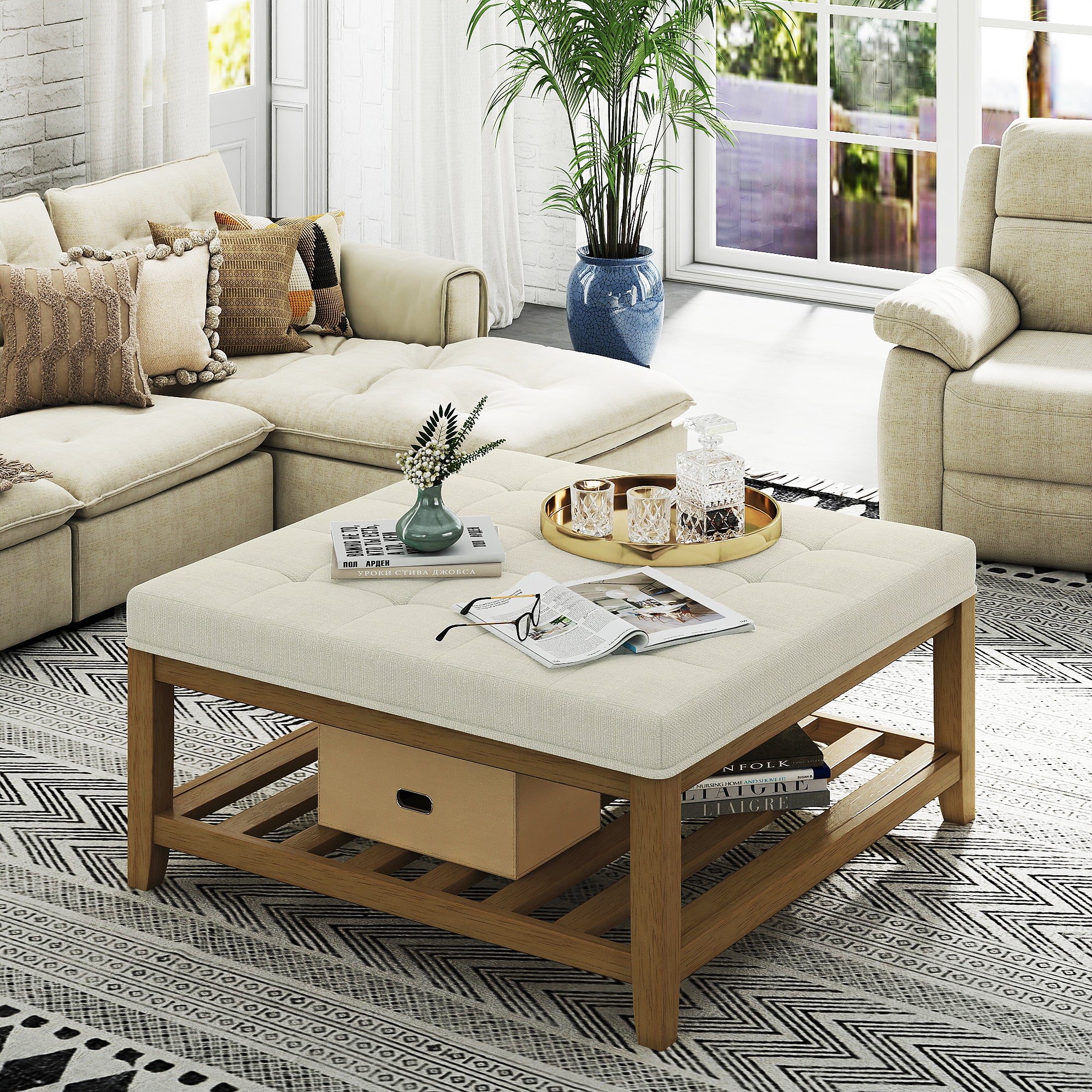 Square Upholstered Ottoman Coffee Table with Storage Shelf, Linen Fabric, Tufted Top, 33.5"x33.5"