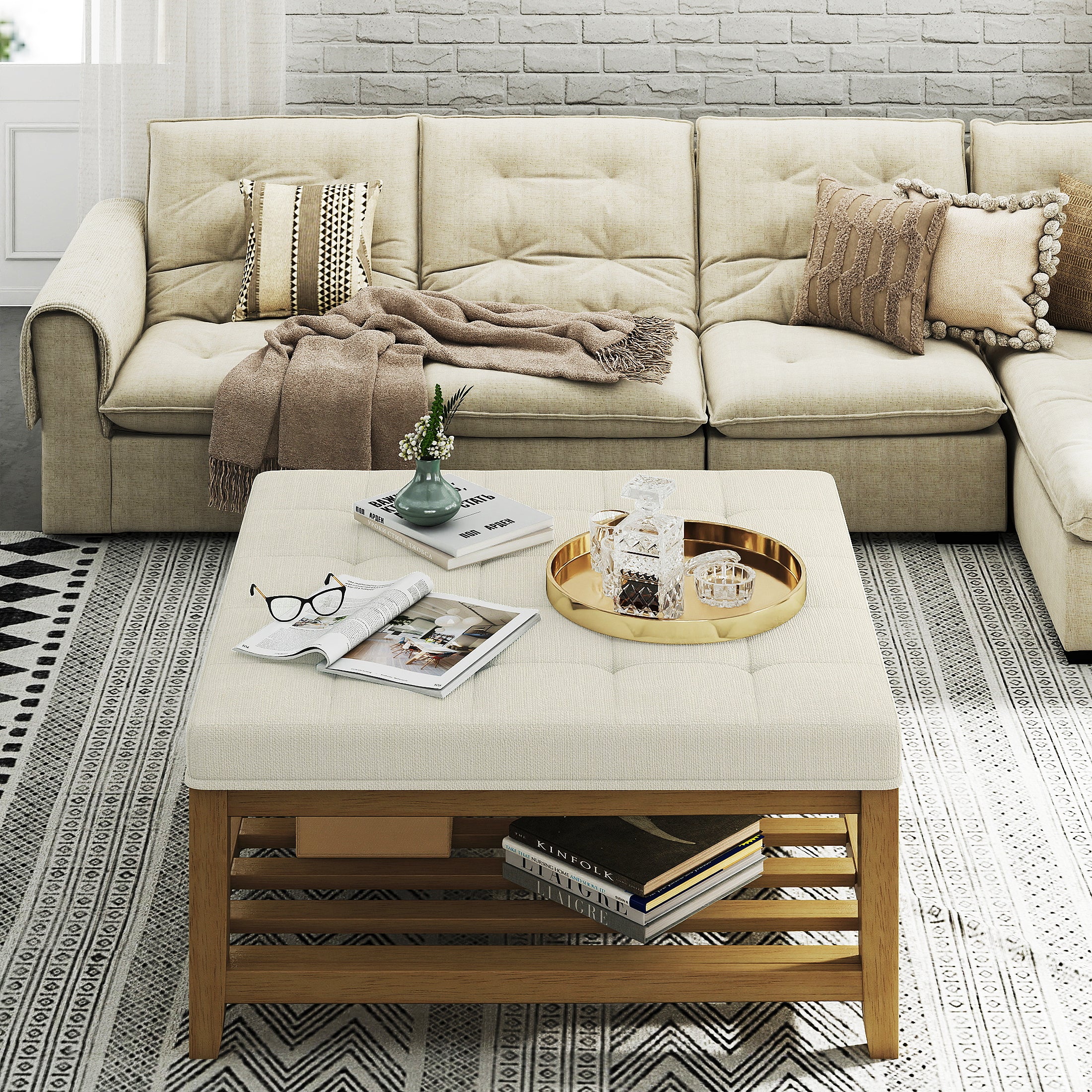 Square Upholstered Ottoman Coffee Table with Storage Shelf, Linen Fabric, Tufted Top, 33.5"x33.5"