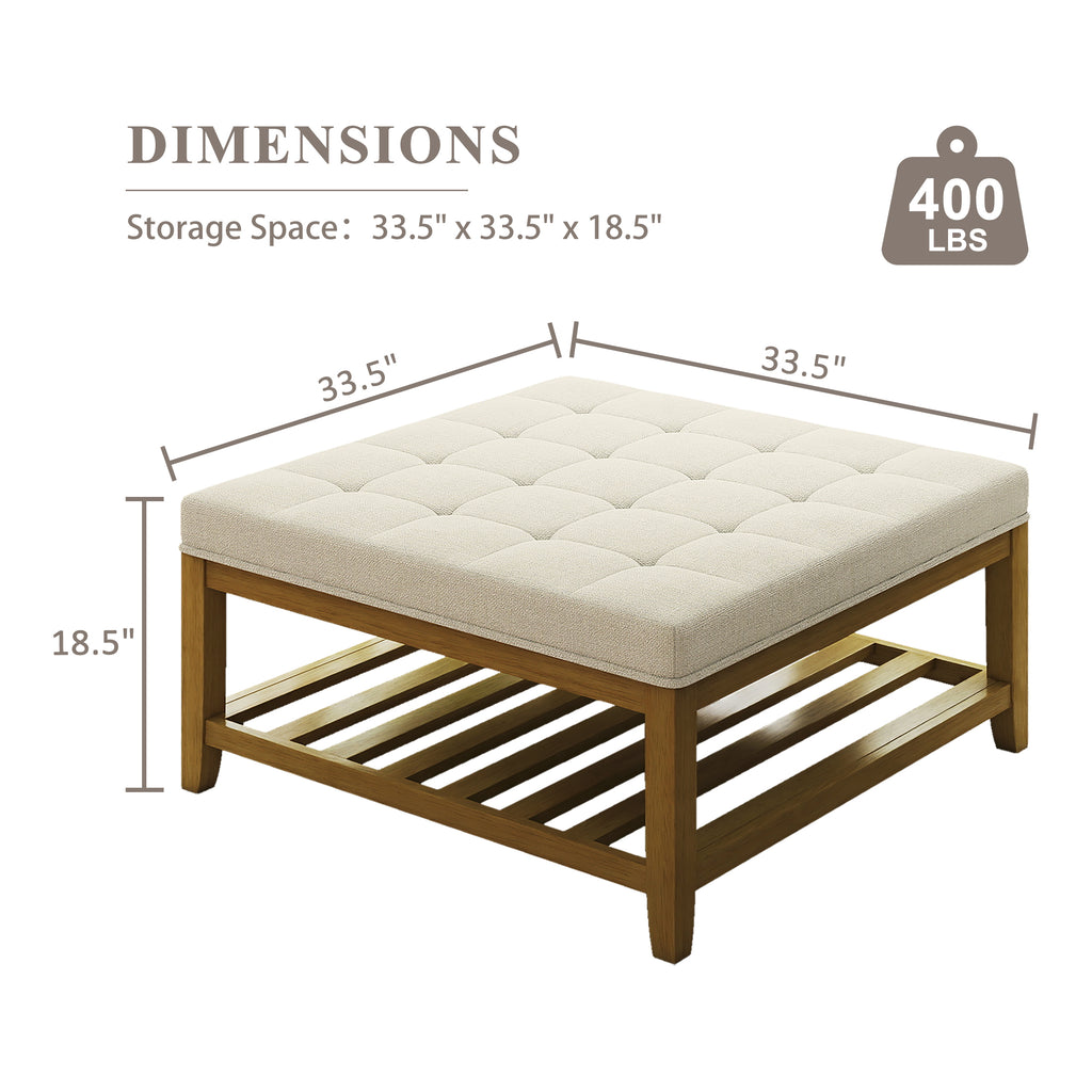 Square Upholstered Ottoman Coffee Table with Storage Shelf, Linen Fabric, Tufted Top, 33.5"x33.5"