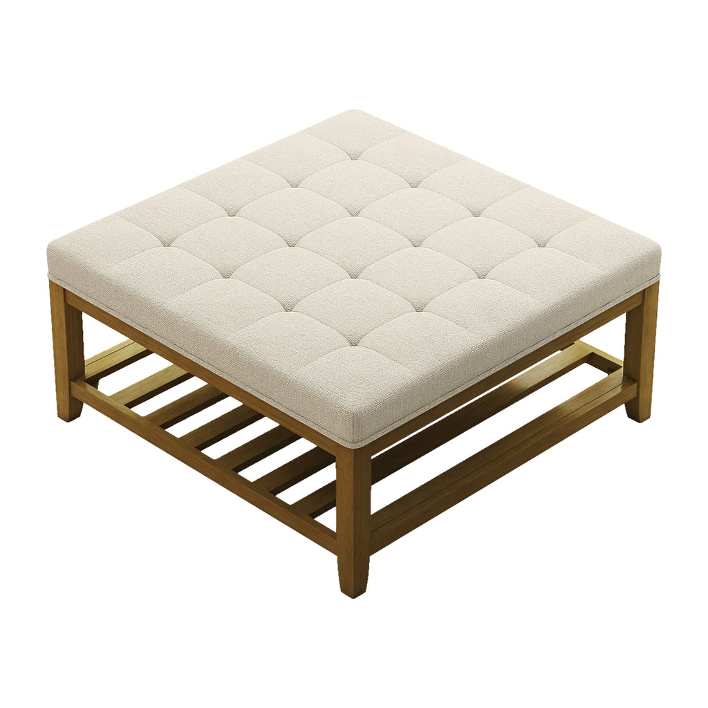 Square Upholstered Ottoman Coffee Table with Storage Shelf, Linen Fabric, Tufted Top, 33.5"x33.5"