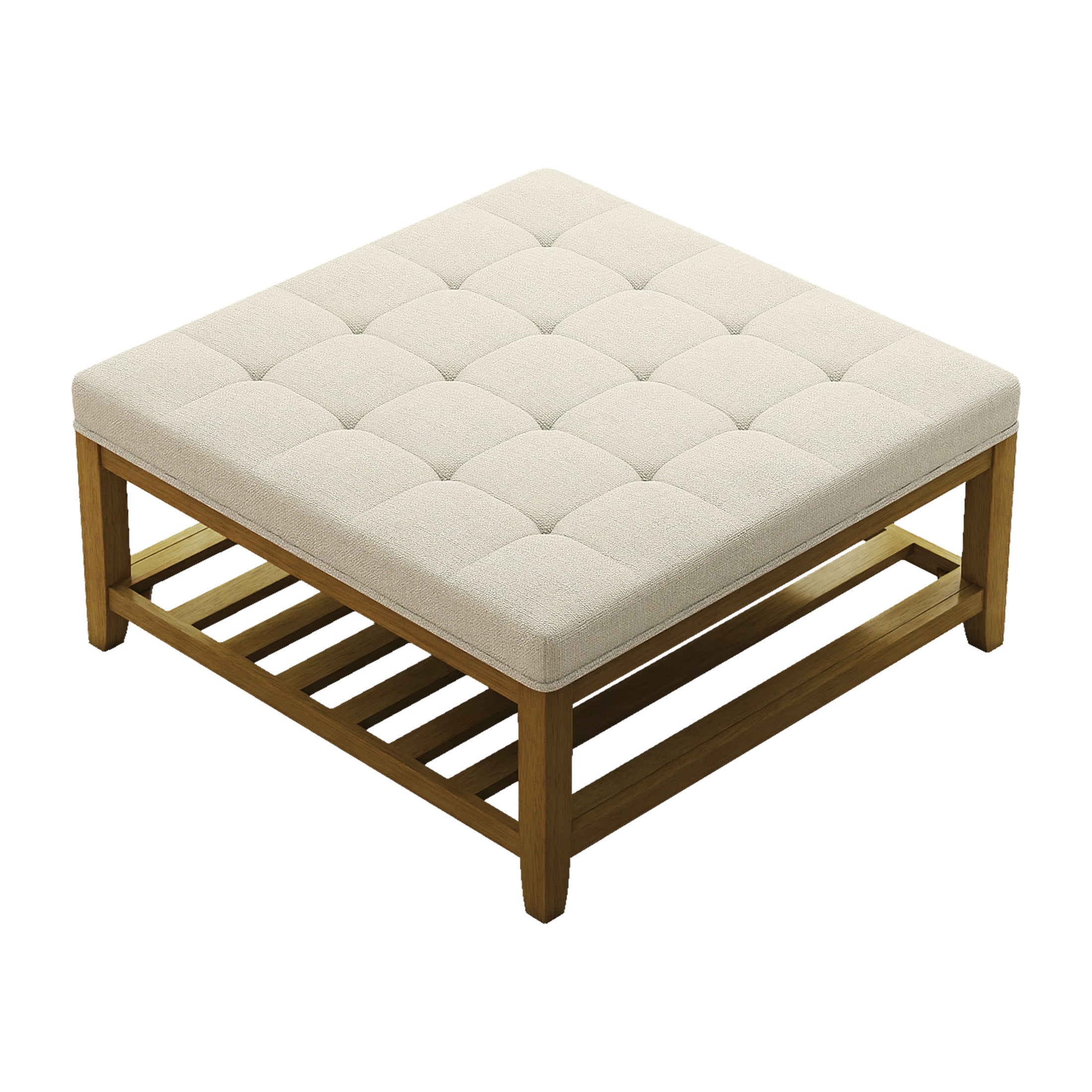 Square Upholstered Ottoman Coffee Table with Storage Shelf, Linen Fabric, Tufted Top, 33.5"x33.5"